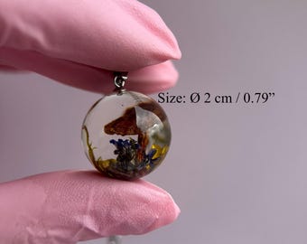 Real Mushroom Resin Necklace – Botanical Globe Pendant, Nature Gift