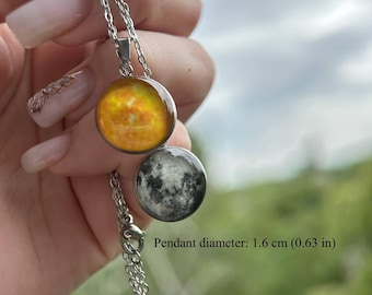 Sun and Moon Pendant Necklace, Handmade Celestial Jewelry, Yin Yang Couple Gift, Cosmic Resin Charm, Boho Sun Moon Jewelry