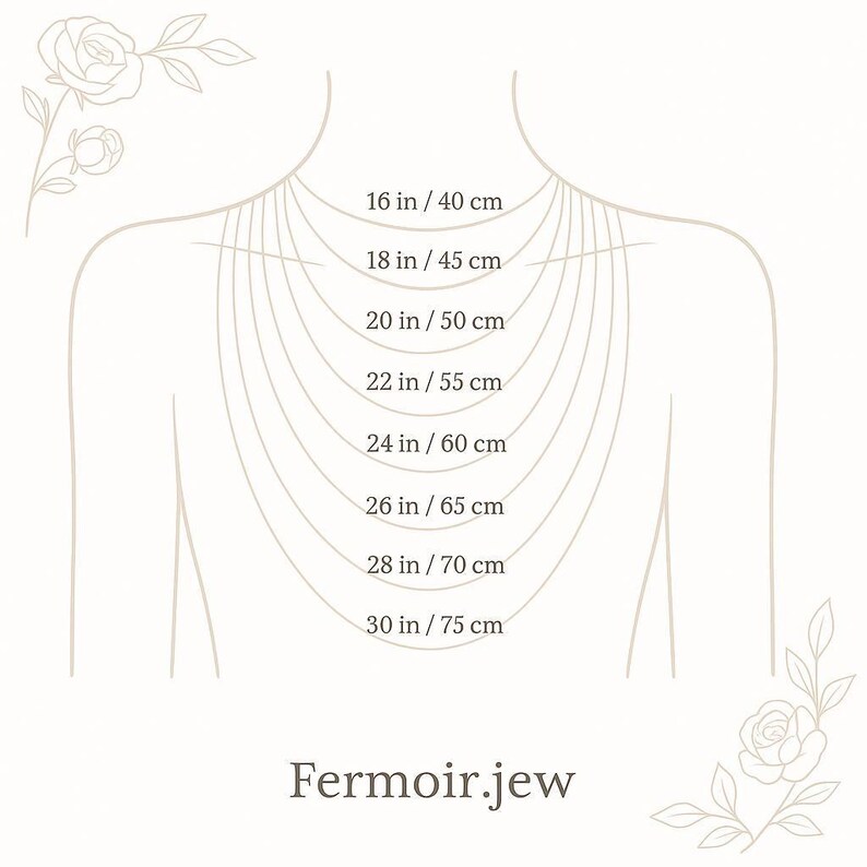 Puede incluir: Un diagrama que muestra longitudes de collar de 40 cm a 75 cm, mostrado en una figura humana estilizada. El texto "Fermoir.jew" est&aacute; en la parte inferior. Ilustraciones florales en las esquinas.