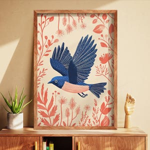 Volkskunst blauer Vogel digitaler Download, Volkskunst Vogel druckbare Poster, Retro Natur Wandkunst, Boho Tier Illustration Dekor, Vintage Vogel Kunst