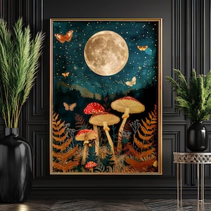 Cottagecore Pilzkunst, Vollmondwald-Plakat, mystische Naturwanddekor, dunkle Academia-Ästhetik Digitaldruck, Boho Naturästhetik
