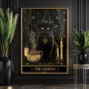 Witchy Black Cat Tarot Poster, The Magician Printable Wall Art, Gothic Witch Decor, Halloween, Witchcore Art, Dark Academia Wall Decor