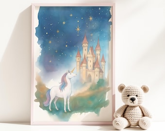 Magical Unicorn Castle Wall Art Print | Fairytale Fantasy Digital Download | Whimsical Nursery Decor | Girl’s Room Printable Art