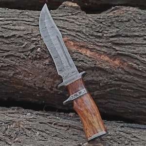 Hand Forged Damascus Steel Bowie Knife: Brass Guard, Blue Pakka Wood Handle