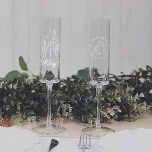 HP Wizard World Engraved Champagne Glass – Couple Gift, Wedding Toast Flutes, Always, Deathly Hallows– One Flute