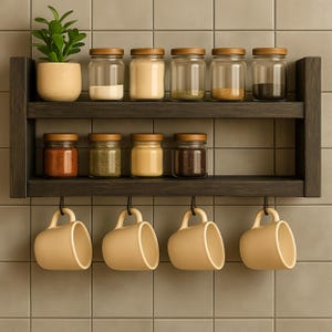 Rustic Wood Wall Shelf with Hooks: Coffee Mug Organizer