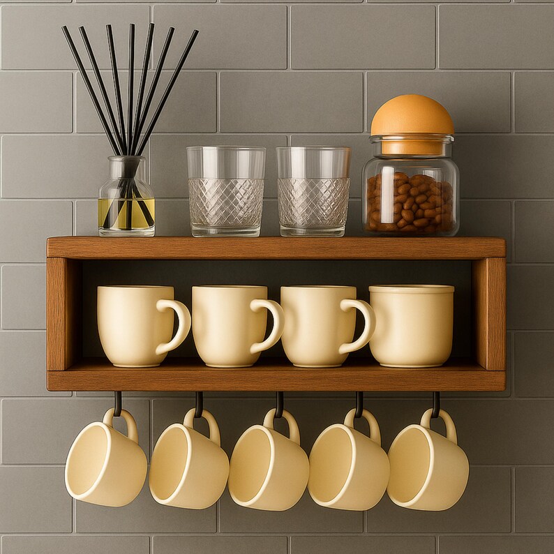 Pine Coffee Cup Rack With Hooks: Kitchen & Bathroom Organizer - Etsy