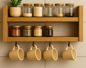 Mensola angolare rustica per caffè: porta tazze in legno di noce con ganci