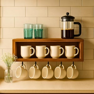 May include: A wooden shelf with a coffee setup. It features four cream-colored mugs on the shelf and six hanging below. Two teal glasses and a French press with coffee are also on the shelf. A small vase with flowers is on the left.