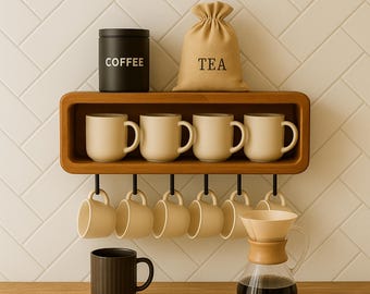 May include: A wooden coffee and tea station with a black container labeled "COFFEE" and a beige bag labeled "TEA". It includes a wooden shelf with beige mugs, a black mug, and a glass coffee maker. The mugs hang from black hooks.