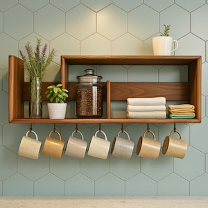 Estantería de pared artesanal de madera de abeto con ganchos: decoración rústica para la cocina.