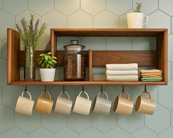 Handcrafted Fir Wood Wall Shelf with Hooks: Rustic Kitchen Decor