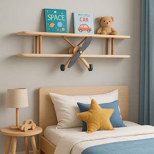 Airplane Wall Shelf: Montessori Nursery Decor, Natural Wood Shelf, Rustic Plane Bookshelf for Baby Boy or Girl