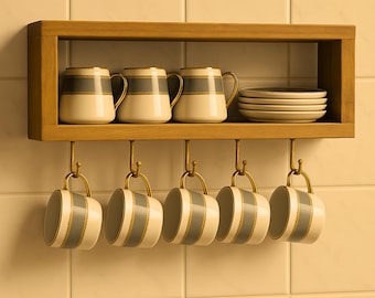 May include: Wooden shelf with brass hooks holding six ceramic mugs. The mugs are cream-colored with gray and gold bands. Three mugs and a stack of plates sit on the shelf. The shelf is mounted on a tiled wall.