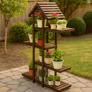 May include: A dark brown wooden plant stand with multiple shelves, arranged in a tiered design. The stand is filled with various potted plants, showcasing a variety of colours and textures. The stand has a slatted roof, adding a decorative touch.