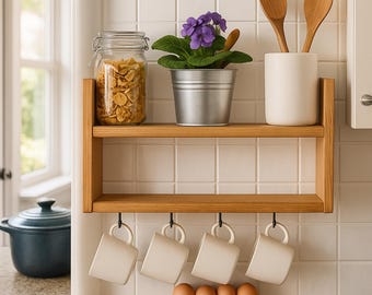 May include: A wooden kitchen shelf with two levels, holding a glass jar of cereal, a small metal bucket with a purple flower, and a white ceramic container with two wooden spoons. Four white mugs hang below. A blue pot and eggs are also visible.