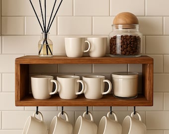 May include: A rectangular wooden wall shelf featuring two levels for storage. The top shelf holds a glass reed diffuser, two cream-colored mugs, and a glass jar with a wooden lid filled with coffee beans. The bottom shelf holds three cream mugs and a lidded jar, with five additional cream mugs hanging from black metal hooks underneath.