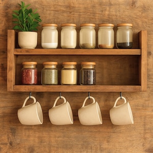 Rustic Coffee Corner Shelf: Handmade Wooden Mug Hanger with Hooks