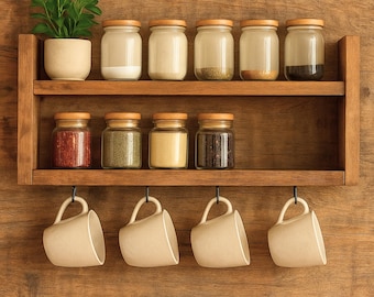 Rustic Coffee Corner Shelf: Handmade Wooden Mug Hanger with Hooks