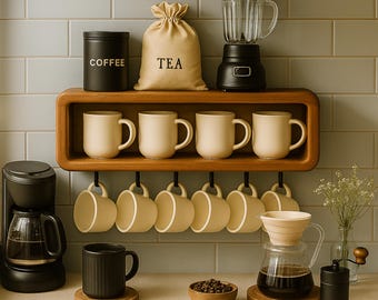May include: A kitchen scene featuring coffee and tea essentials. Includes a coffee maker, a blender, a wooden shelf with mugs, a coffee grinder, and a pour-over coffee maker. A black container labeled "COFFEE" and a bag labeled "TEA" are also present.