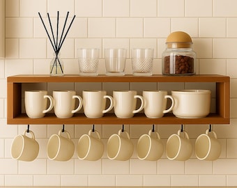 Organizador de estantes de madera de pino para cocina y baño con ganchos para tazas colgantes