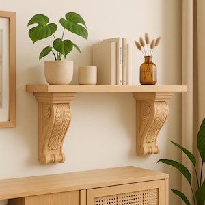 Wooden Consoles, Line Acantus Leaf Carved Wood, Pair of Carved Decorative Wooden Corbel, Wood Shelf Bracket, One Pair Solid Wood Bracket,