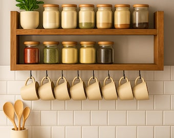 Puede incluir: Un especiero de madera con tarros de vidrio y tapas de madera. Debajo, tazas de color crema cuelgan de ganchos. También se ven una pequeña planta en maceta y cucharas de madera.