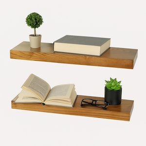 Solid Pine Floating Shelf: Hidden Bracket, Sturdy Wall Mounted Design