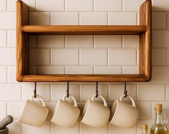 Rustic Coffee Corner Shelf: Wooden Spice Rack with Mug Hooks