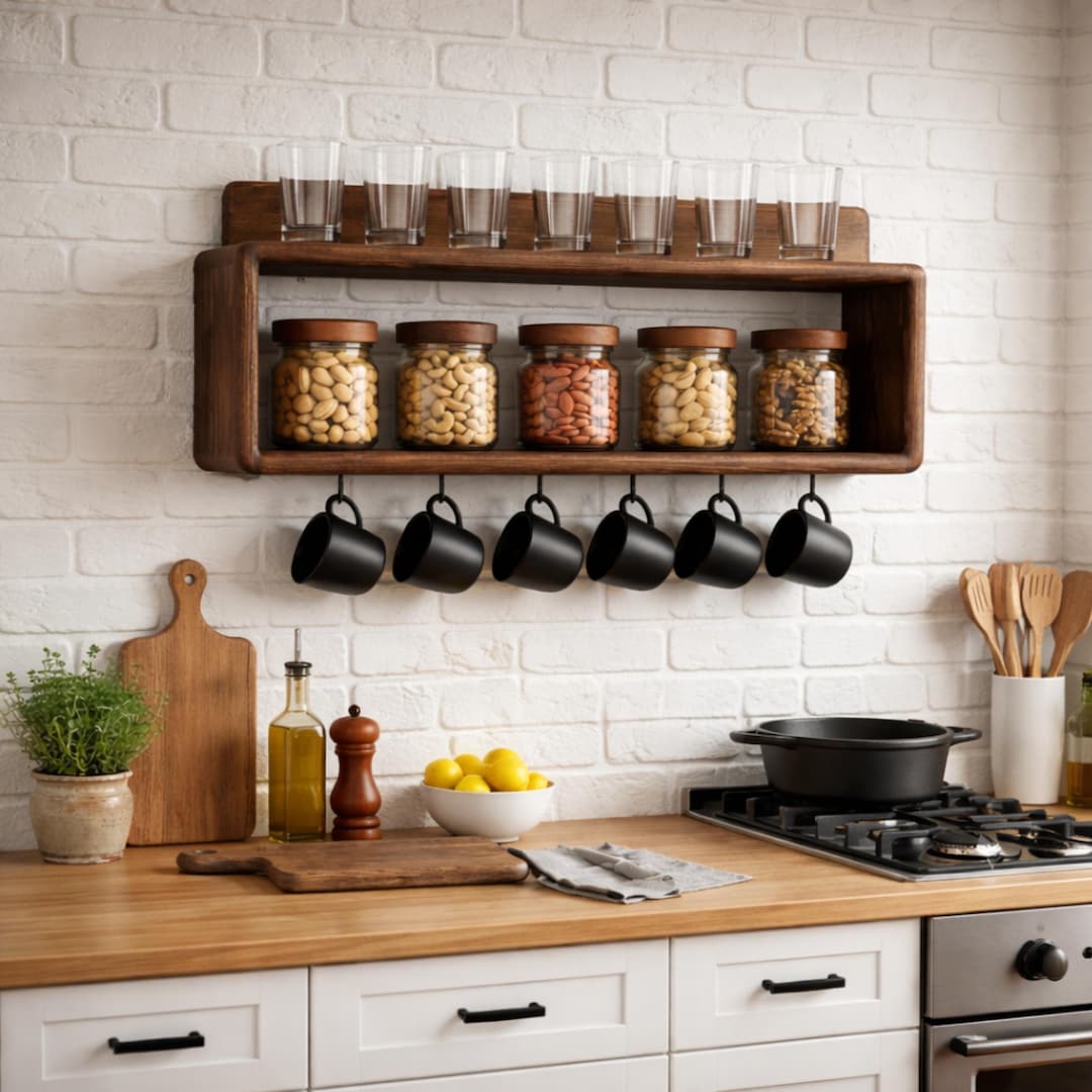 Cofffe Corner Rack Rustic Coffee Corner Shelf: Solid Wood Spice Rack With Hooks - Etsy