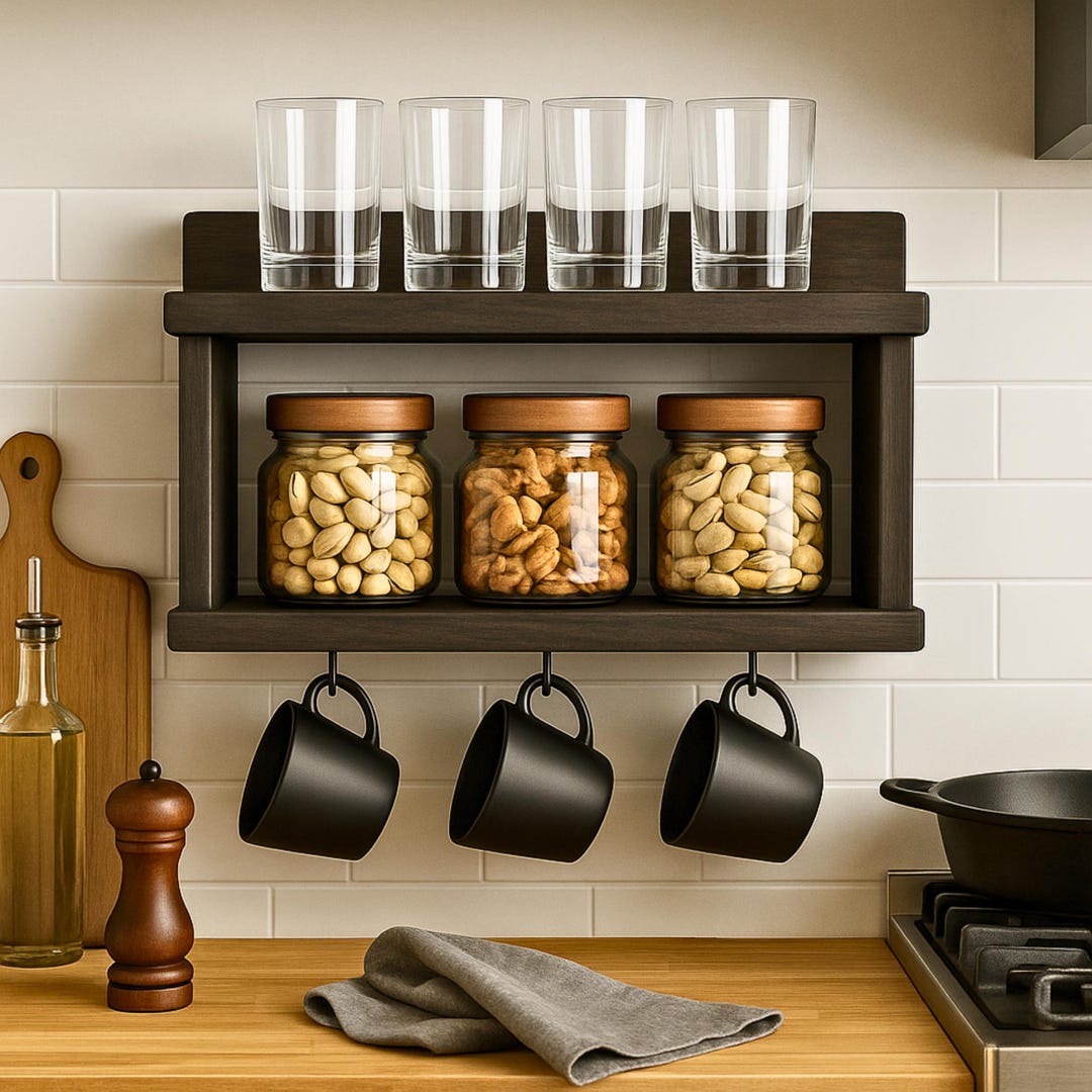 Cofffe Corner Rack Rustic Wood Coffee Corner Shelf: Two-tier Spice Rack With Hooks - Etsy