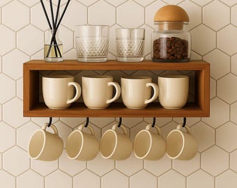 May include: A wooden shelf with a collection of kitchen items. It features six cream-colored mugs hanging below, four matching mugs on the shelf, two clear glasses, a glass jar with a wooden lid, and a reed diffuser.