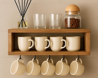 May include: A wooden shelf unit with various kitchen items. It features six cream-colored mugs hanging below, four mugs on the shelf, two patterned glasses, a jar with a wooden lid filled with nuts, and a glass diffuser with black reeds.