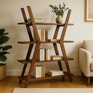 May include: A dark brown wooden bookshelf with an A-frame design. The bookshelf has four shelves filled with books and decorative items. A vase with greenery sits on the top shelf. The bookshelf is in a living room setting.