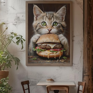 Bar Cart Decor Cat Poster, Cat and Burger Canvas Print, Trendy Dorm or Bedroom Poster Printable | Digital Music Wall Art Download