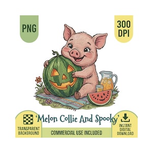 May include: A digital illustration of a pink piglet hugging a carved watermelon jack-o'-lantern on a picnic blanket. Beside the piglet are a glass and a pitcher of orange juice, a slice of watermelon, and small flowers. Text reads Melon Collie And Spooky.