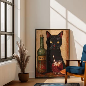 Bar Cart Decor Cat Poster, Funny Animal Printable for Trendy Dorm, Trendy Dorm or Bedroom Poster Printable | Digital Music Wall Art Download
