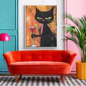 Bar Cart Decor Cat Poster, Funny Animal Printable for Trendy Dorm, Whimsical Black Cat Enjoying A Red Cocktail Against Vibrant Background