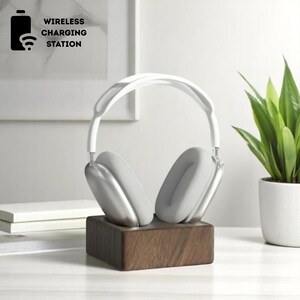 AirPods Max Wooden Stand with Magnetic Wireless Charging Dock, Stylish Headphone Holder for Desk Gift