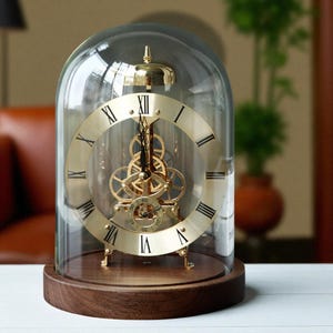Glass Dome Skeleton Clock: Mechanical Gears & Walnut Base