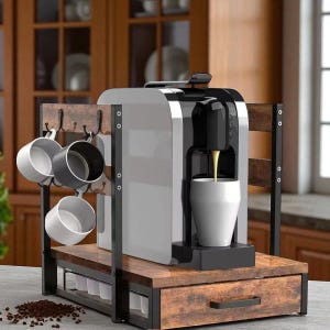 Coffee Maker Stand with Mug Hooks & Drawer coffee pod rack – Rustic Coffee Station Organizer for Countertop | Coffee Machine Storage Rack