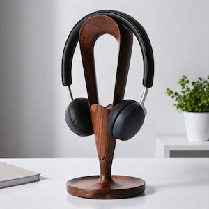 Walnut Wooden Headphone Stand: Minimalist Desk Organizer