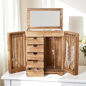 Grande boîte à bijoux en bois avec miroir, support pour collier et tiroirs - Organiseur élégant pour bagues, boucles d'oreilles et accessoires