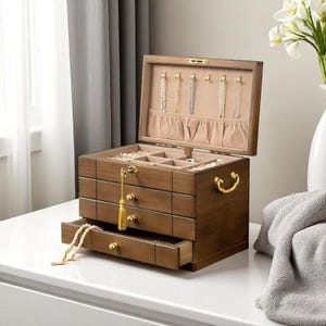 Luxury Walnut Jewelry Box with Necklace Hooks, Mirror & Drawers – Large Wooden Organizer for Rings, Earrings, Bracelets and Keepsakes