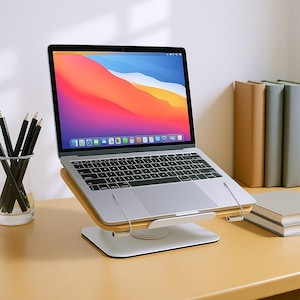 360 Rotating Wooden Laptop Stand – Adjustable Ergonomic Riser for Desk, MacBook & book | Foldable Laptop Holder for Home Office Setup