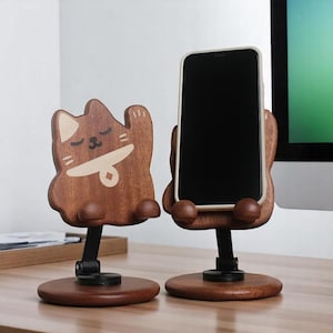 Cute Cat-Shaped Wooden Phone Stand – Adjustable Cellphone Holder Gift for Her | Desk Accessory for Cat Lovers & Pet Owners