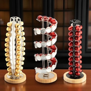 Coffee Pod Rack – Rotating Capsule Holder with Bamboo Base | Nespresso Coffee Storage Organizer for Kitchen Counter