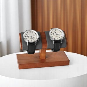 Double Watch Stand Holder – Solid Walnut Wood Display Rack for 2 Watches | Luxury Watch Organizer for Men’s Dresser or Nightstand