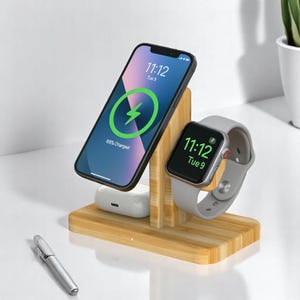 3-in-1 Wooden Charging Dock – Docking Station for iPhone, Apple Watch & AirPods | Bamboo Wireless Charger Stand for Desk or Nightstand