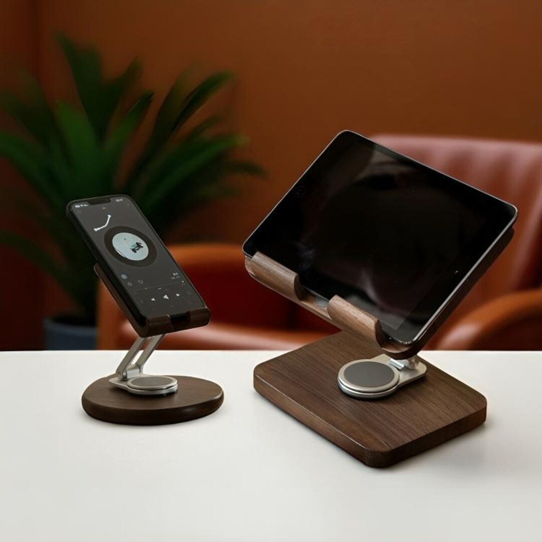 Adjustable Walnut Wood Phone & Tablet Stand: Desk or Nightstand Holder ...